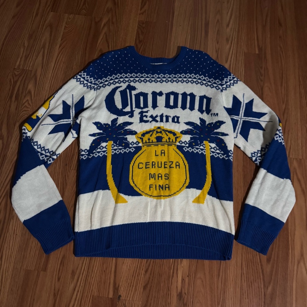 Corona Extra Christmas‎ Blue and White Men's Ugly Xmas Sweater Festive Holiday
